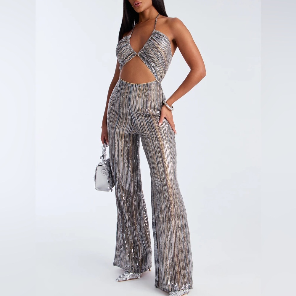 Fashion Nova In The Spotlight Sequin Halter Jumpsuit - Teal/combo